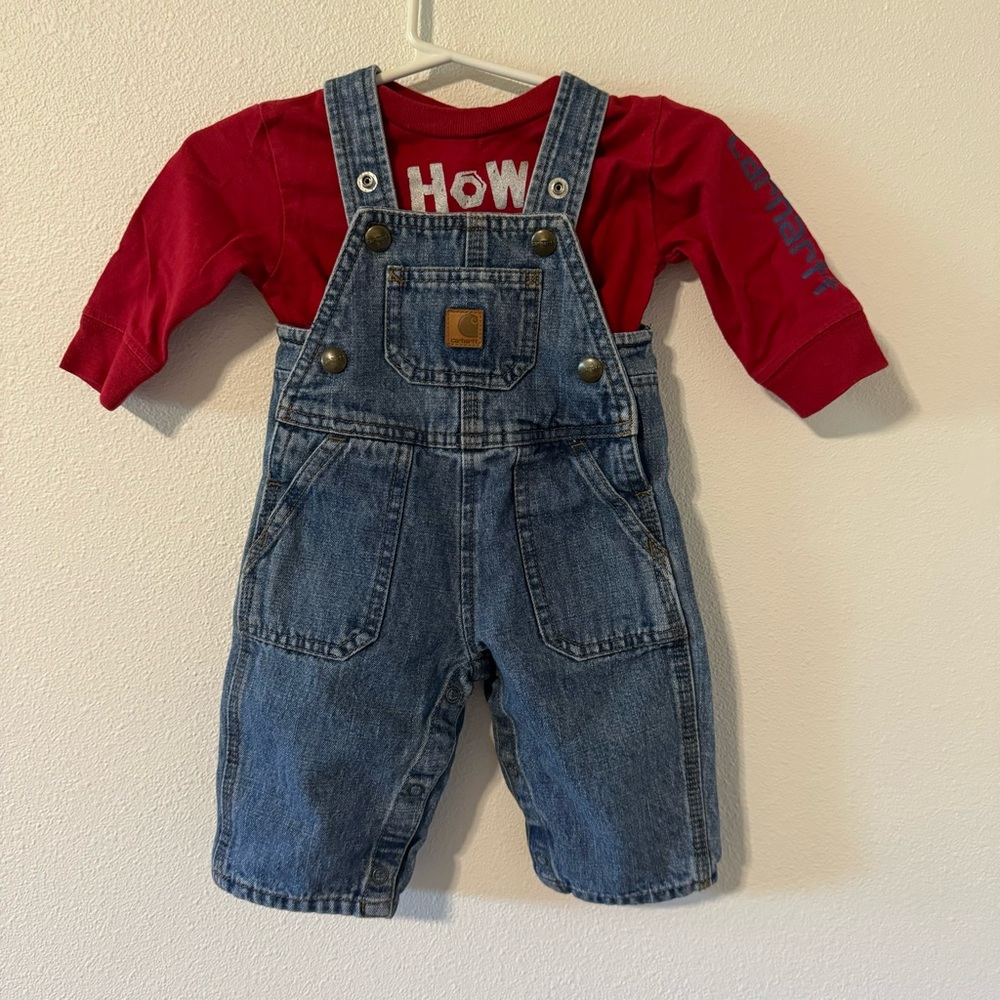 Carhartt Denim Overall Red Long Sleeve Spellout Graphic Tee 2-Piece Set-6 months